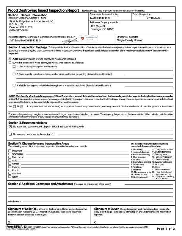 Completed NPMA-33 Wood-Destroying Insect Inspection Report