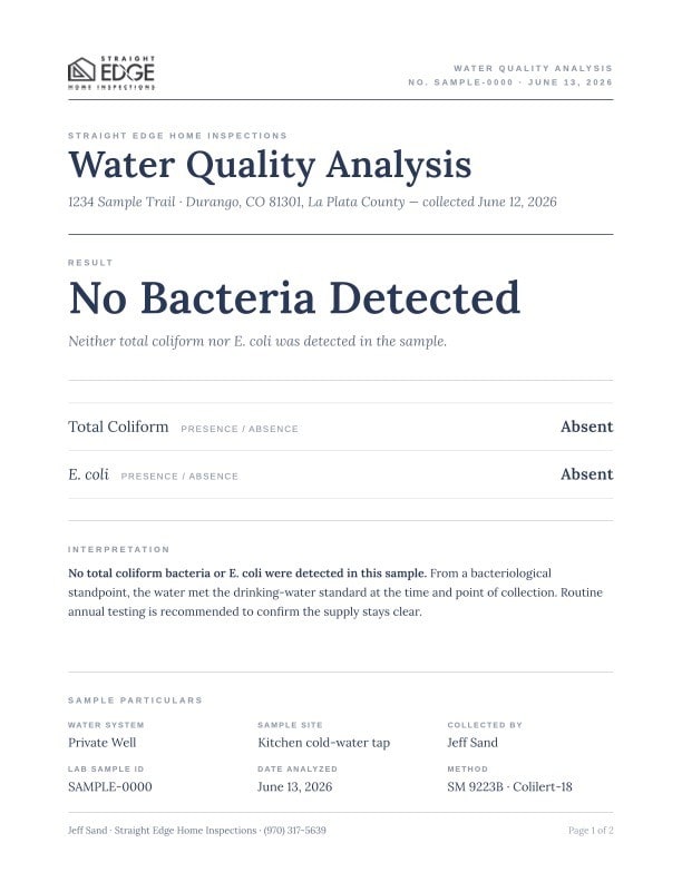 Sample water quality analysis report showing no bacteria detected
